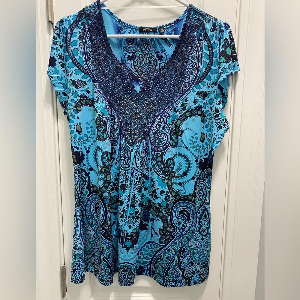 APT 9 Teal and navy print embellished top